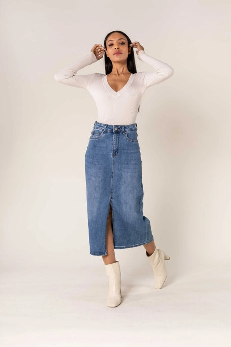 Long Denim Skirt with front slit
